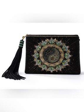 Mary Frances Harmony Beaded Yin Yang Tassel Clutch Evening Bag Western Art
